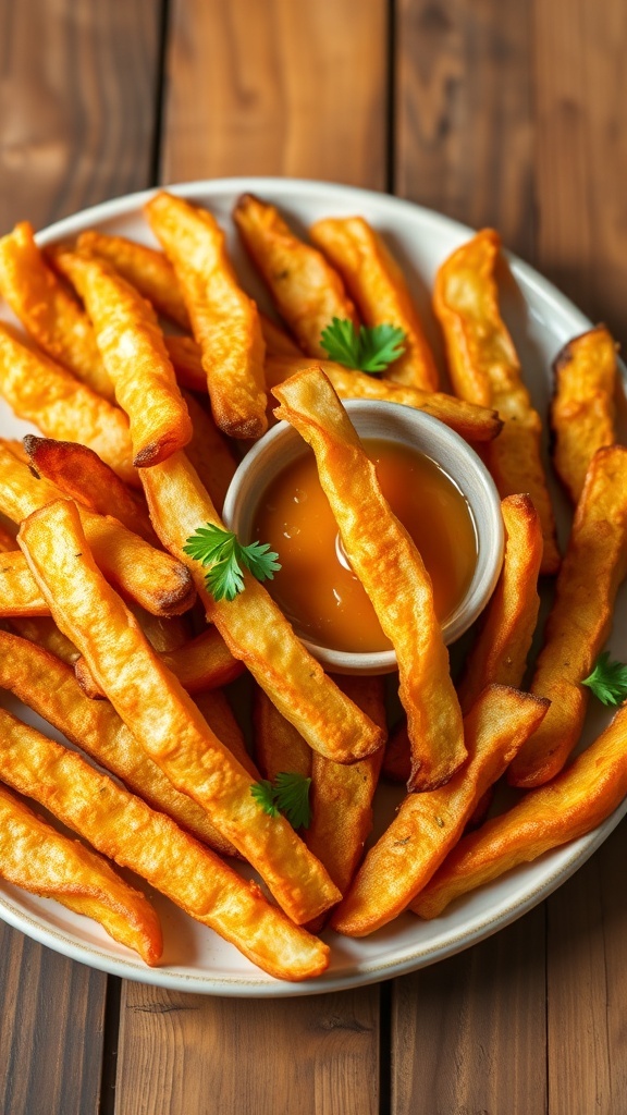Crispy Air Fryer Turnip Fries Recipe Crispy turnip fries on a plate with dipping sauce and parsley garnish.